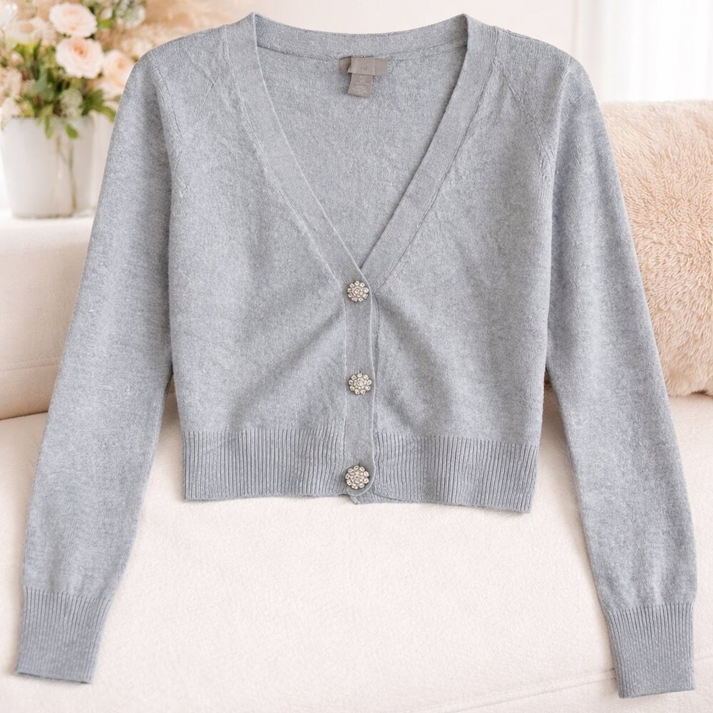 Baby Blue Knit Cardigan with Embellished Buttons – Soft, Feminine & Elegant